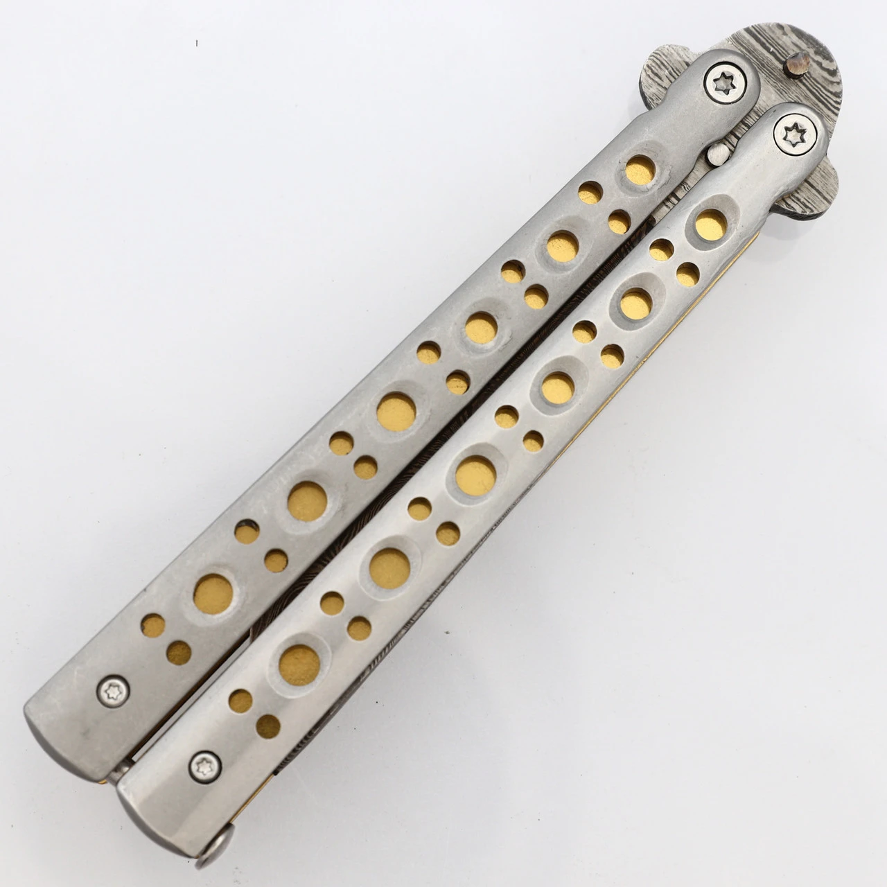 Gold Panning Clip Point Balisong Butterfly Knife Flipper | Damascus Steel Blade | Tanto Point 4 Gold Panning Clip Point Balisong Butterfly Knife Flipper | Damascus Steel Blade | Tanto Point - Image 4