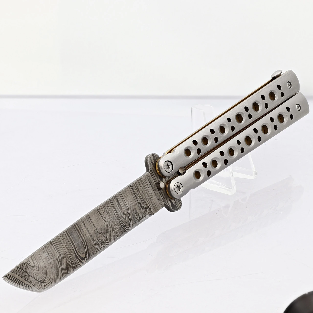 Gold Panning Clip Point Balisong Butterfly Knife Flipper | Damascus Steel Blade | Tanto Point 3 Gold Panning Clip Point Balisong Butterfly Knife Flipper | Damascus Steel Blade | Tanto Point - Image 3