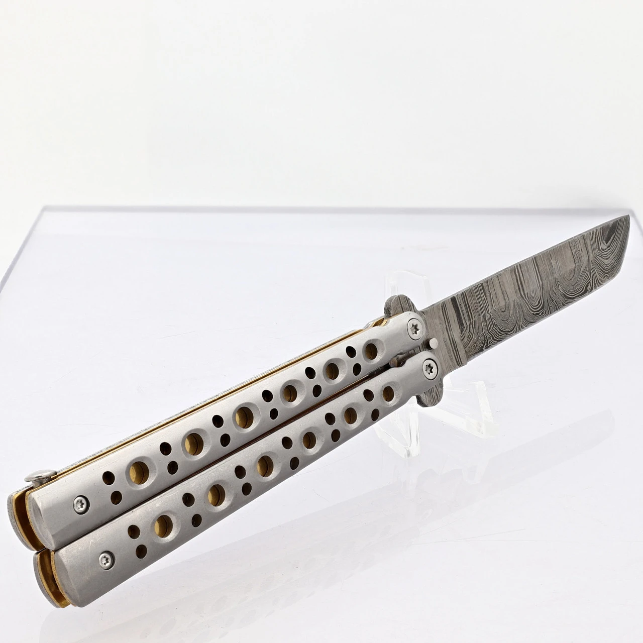 Gold Panning Clip Point Balisong Butterfly Knife Flipper | Damascus Steel Blade | Tanto Point 2 Gold Panning Clip Point Balisong Butterfly Knife Flipper | Damascus Steel Blade | Tanto Point - Image 2