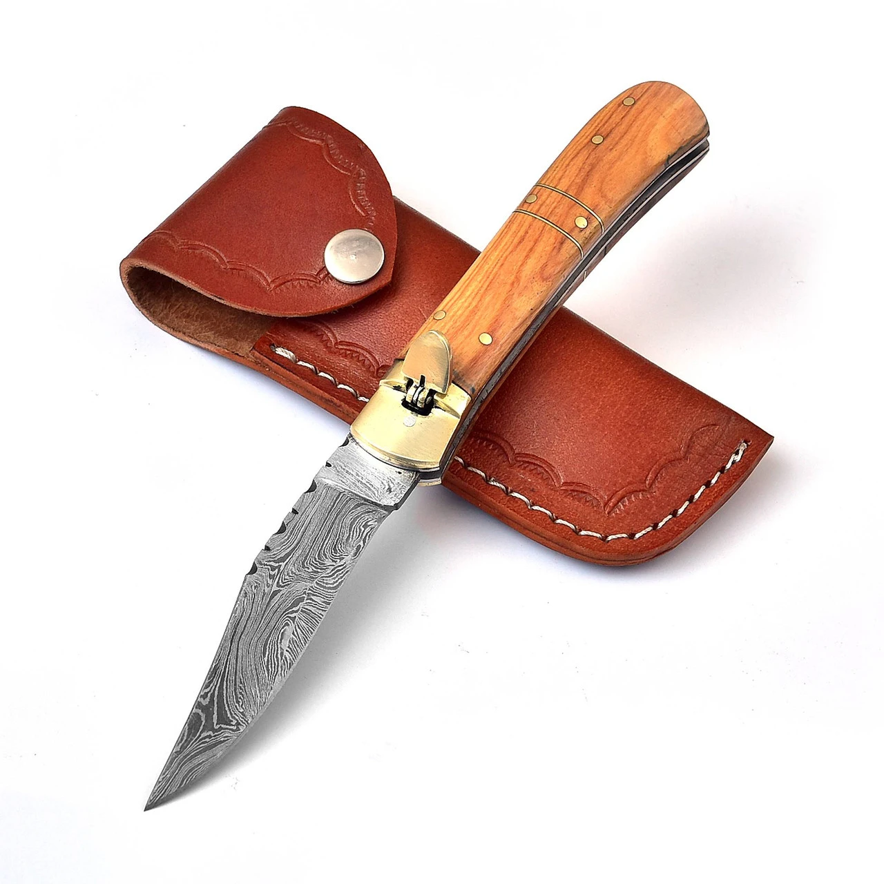 Land Of Behemoths Clip Point Automatic Damascus Lever Lock Knife 1 Land Of Behemoths Clip Point Automatic Damascus Lever Lock Knife