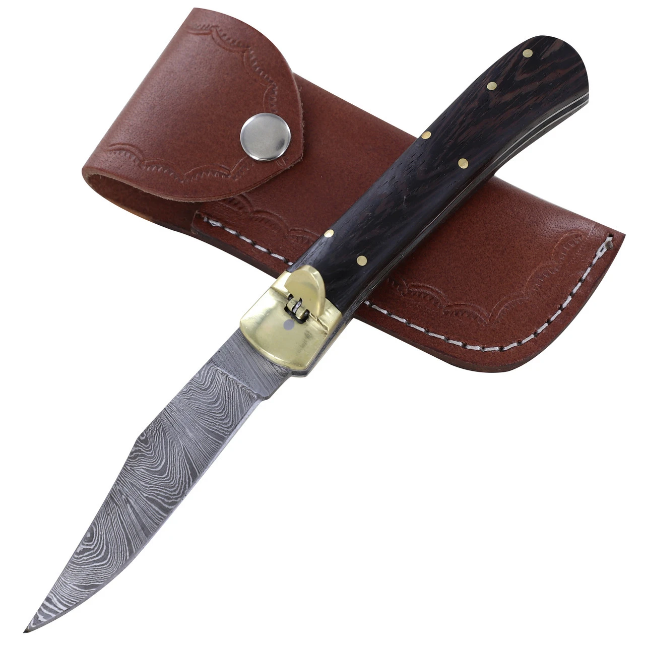 Dark Wood Lullaby Damascus Clip Point Automatic Switchblade Lever Lock Knife 1 Dark Wood Lullaby Damascus Clip Point Automatic Switchblade Lever Lock Knife