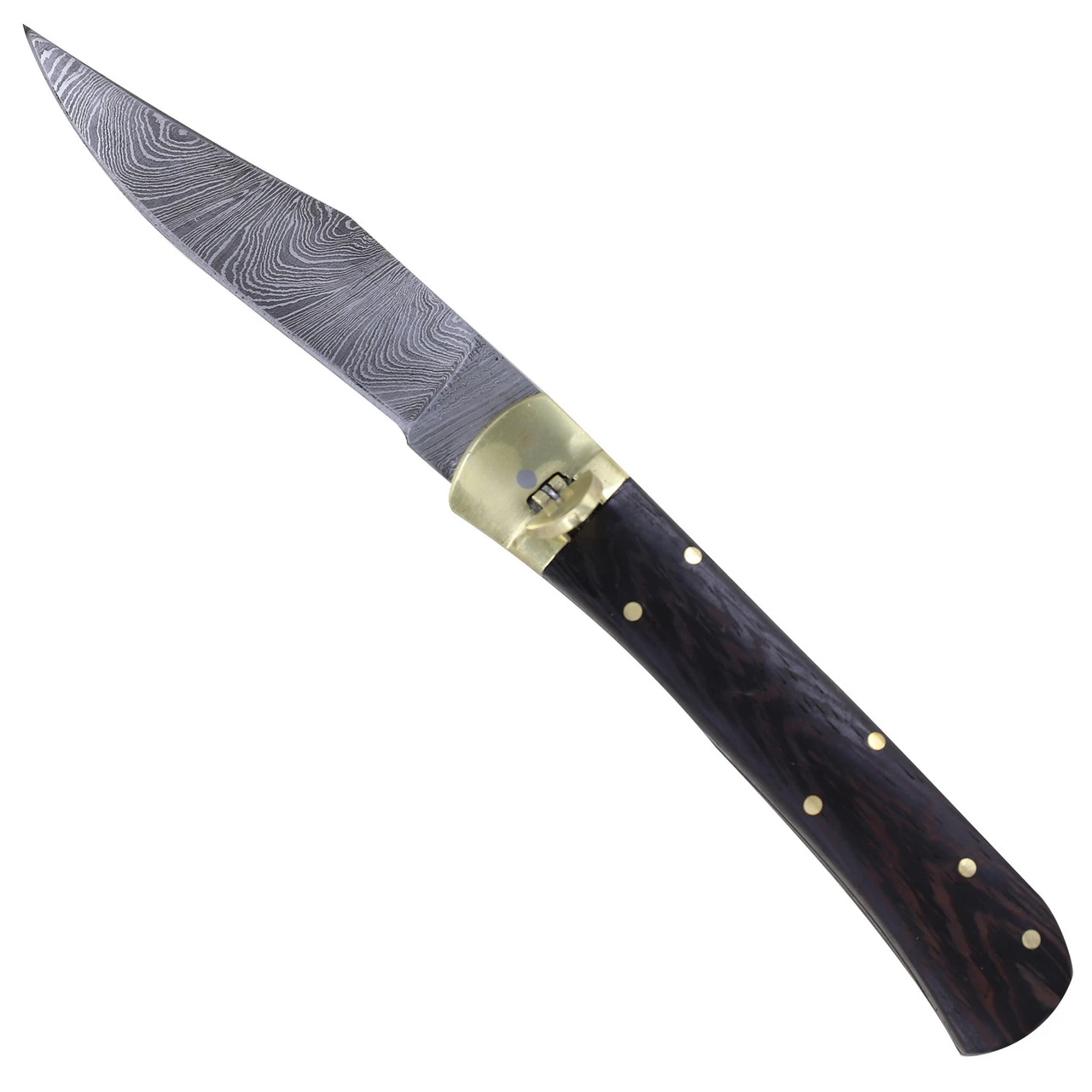 Dark Wood Lullaby Damascus Clip Point Automatic Switchblade Lever Lock Knife 4 Dark Wood Lullaby Damascus Clip Point Automatic Switchblade Lever Lock Knife - Image 4