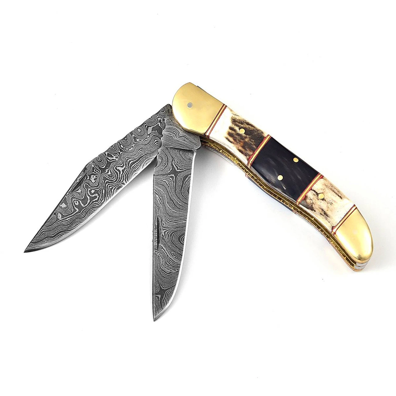 Double Blade Guild Stag Damascus Steel Pocket Knife | Buffalo Horn Insert | 2 Double Blade Guild Stag Damascus Steel Pocket Knife | Buffalo Horn Insert | - Image 2