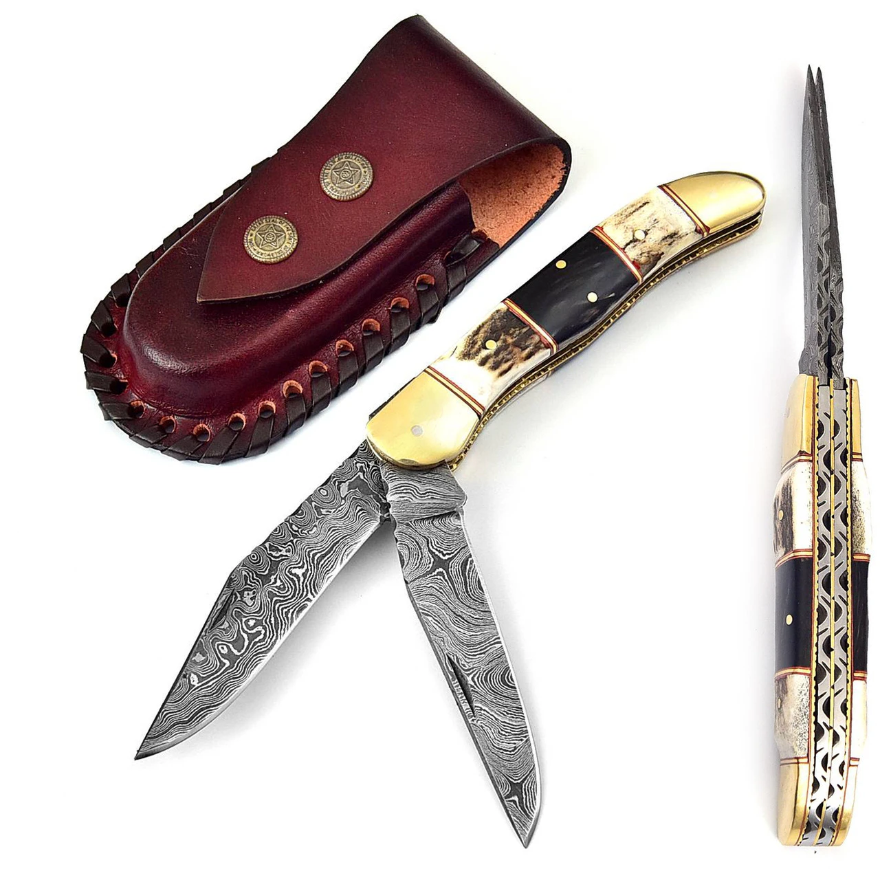 Double Blade Guild Stag Damascus Steel Pocket Knife | Buffalo Horn Insert | 1 Double Blade Guild Stag Damascus Steel Pocket Knife | Buffalo Horn Insert |
