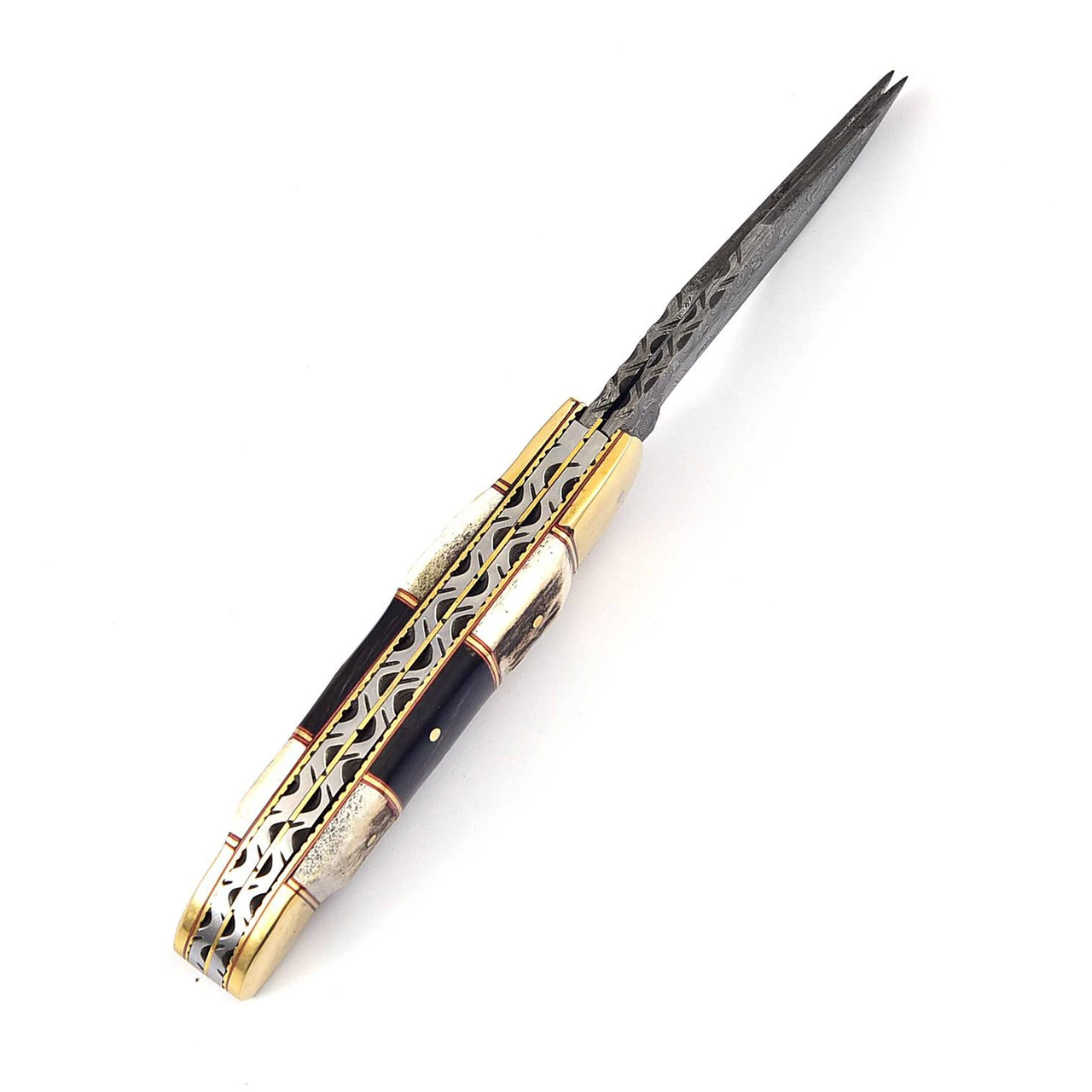 Double Blade Guild Stag Damascus Steel Pocket Knife | Buffalo Horn Insert | 4 Double Blade Guild Stag Damascus Steel Pocket Knife | Buffalo Horn Insert | - Image 4