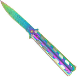 Daggers Store 27 Rainbow Warrior Sunrise Butterfly Knife | Titanium Damascus | Drop Point | Holster Included