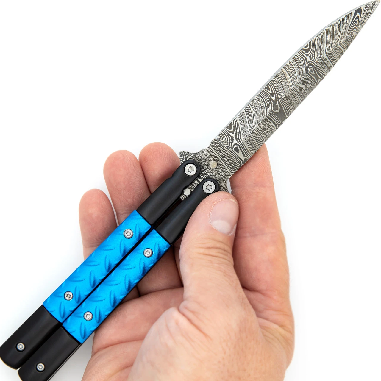Azure Sky Butterfly Knife With Hard ABS Sheath | Damascus Steel | Drop Point Blade 2 Azure Sky Butterfly Knife With Hard ABS Sheath | Damascus Steel | Drop Point Blade - Image 2