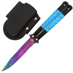 Daggers Store 31 Azure Sky Butterfly Knife With Hard ABS Sheath | Titanium Damascus Steel | Drop Point Blade