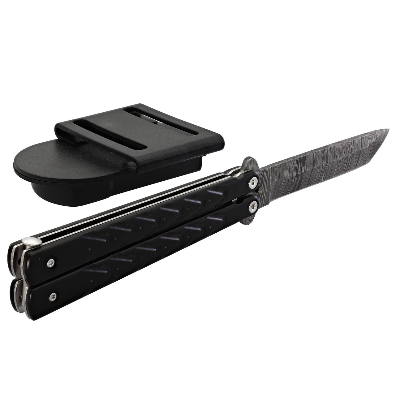 Black Butterfly Balisong Knife With Hard ABS Sheath | Tanto Point Blade | Damascus Steel 2 Black Butterfly Balisong Knife With Hard ABS Sheath | Tanto Point Blade | Damascus Steel - Image 2