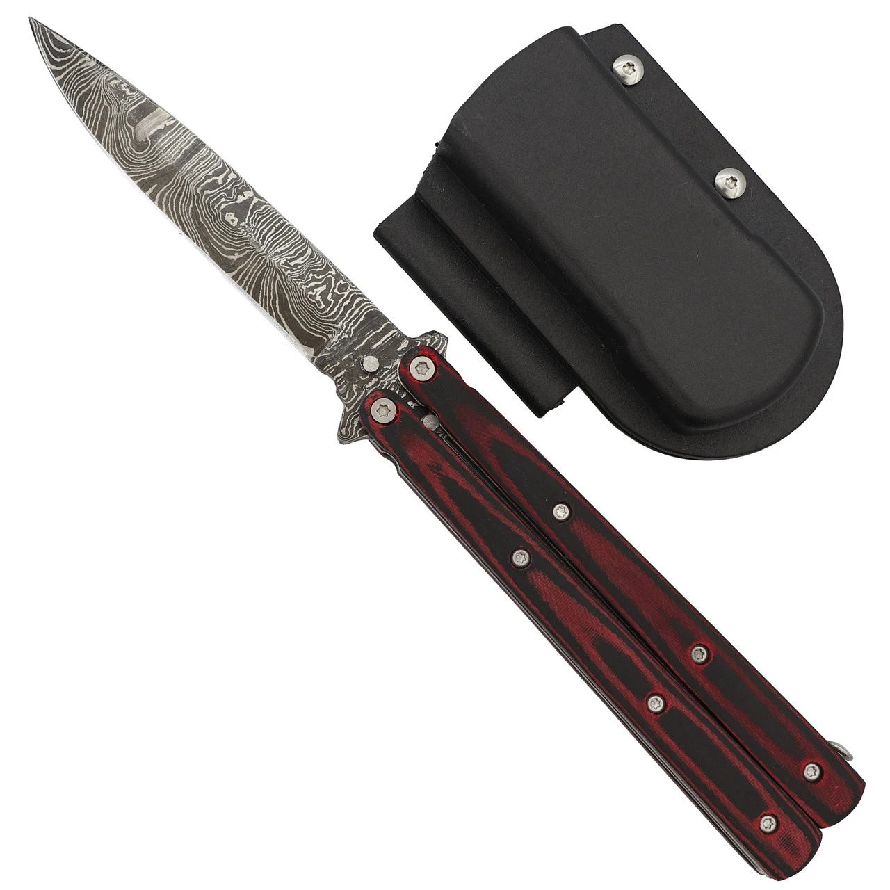 Micarta Simple Butterfly Red & Black Knife W/ ABS Belt Holster | Damascus Steel Blade | Drop Point 1 Micarta Simple Butterfly Red & Black Knife W/ ABS Belt Holster | Damascus Steel Blade | Drop Point
