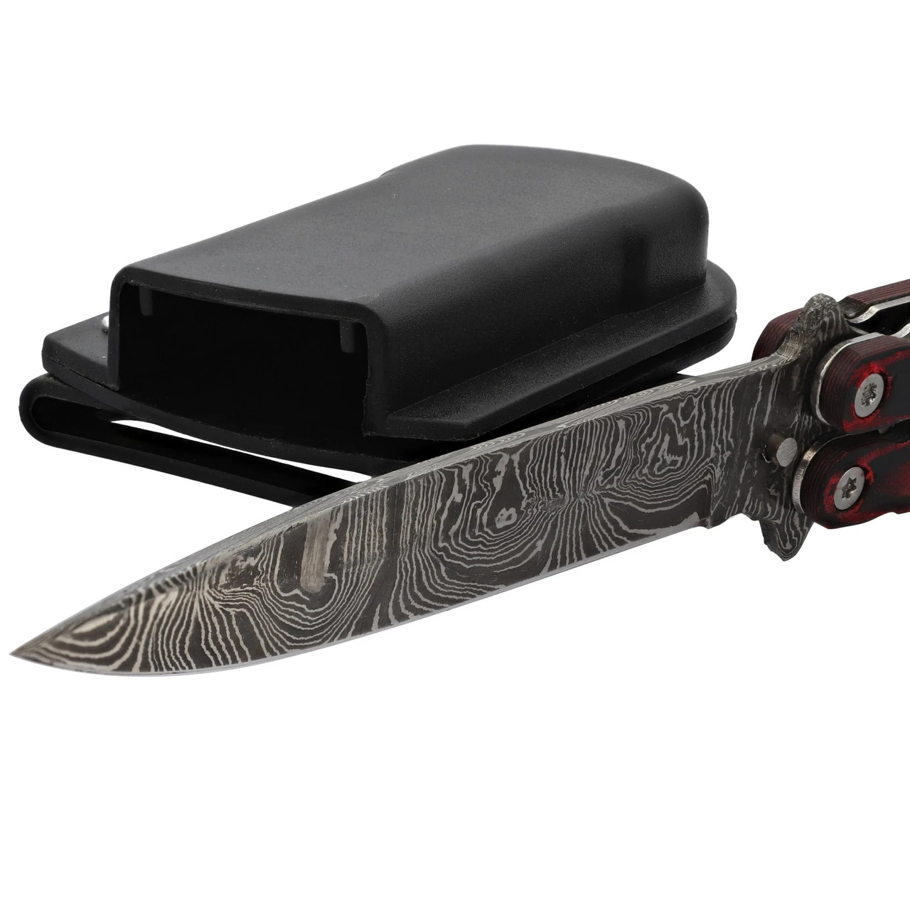 Micarta Simple Butterfly Red & Black Knife W/ ABS Belt Holster | Damascus Steel Blade | Drop Point 4 Micarta Simple Butterfly Red & Black Knife W/ ABS Belt Holster | Damascus Steel Blade | Drop Point - Image 4