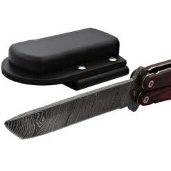 Micarta Simple Butterfly Red & Black Knife W/ ABS Belt Holster | Damascus Steel Blade | Tanto Point -Daggers Store GBS49 D2 02 75278.1691424608