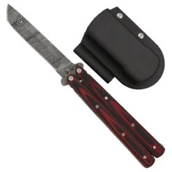 Daggers Store 23 Micarta Simple Butterfly Red & Black Knife W/ ABS Belt Holster | Damascus Steel Blade | Tanto Point