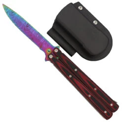 Micarta Simple Butterfly Red & Black Knife W/ ABS Belt Holster | Titanium Damascus Steel Blade | Drop Point