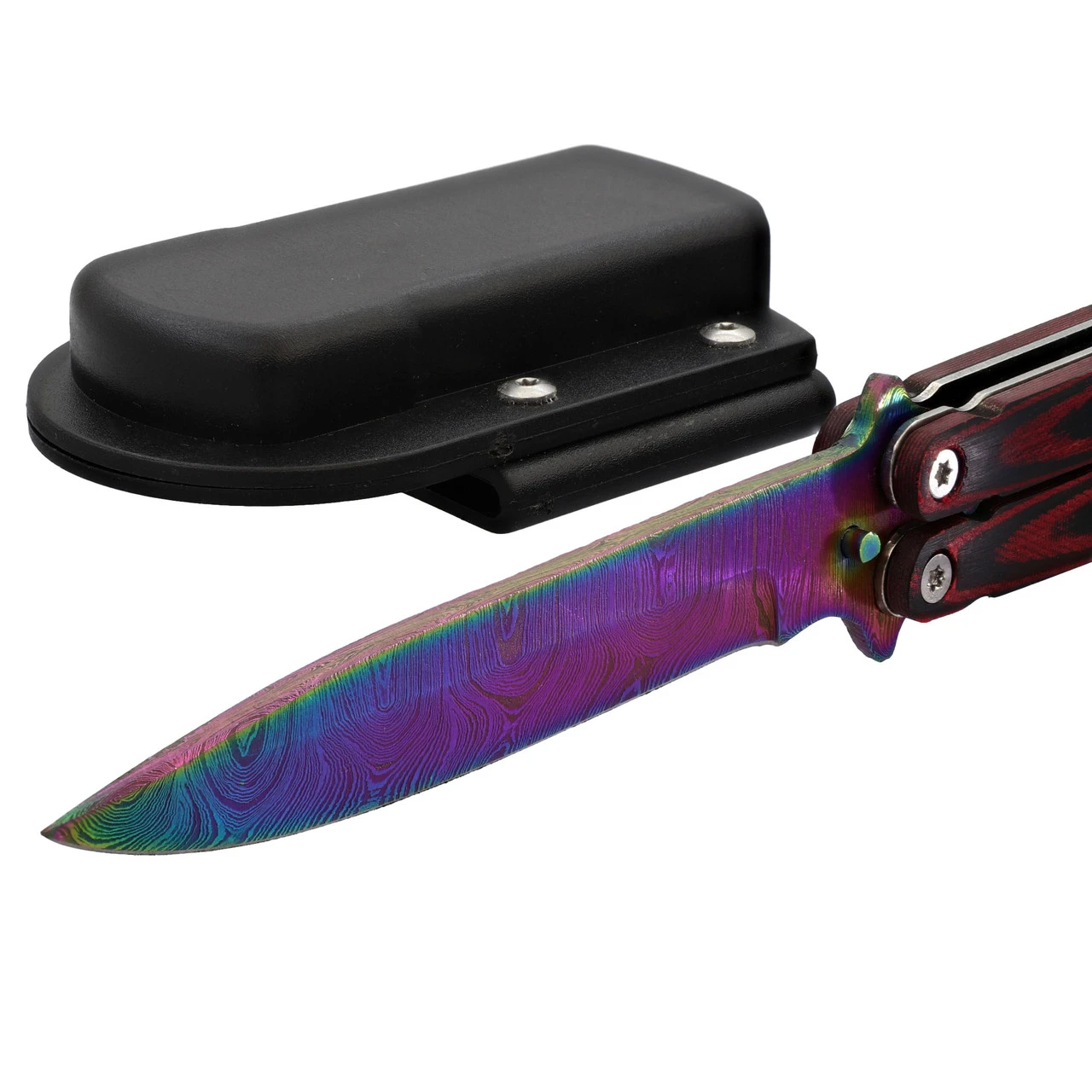 Micarta Simple Butterfly Red & Black Knife W/ ABS Belt Holster | Titanium Damascus Steel Blade | Drop Point 4 Micarta Simple Butterfly Red & Black Knife W/ ABS Belt Holster | Titanium Damascus Steel Blade | Drop Point - Image 4