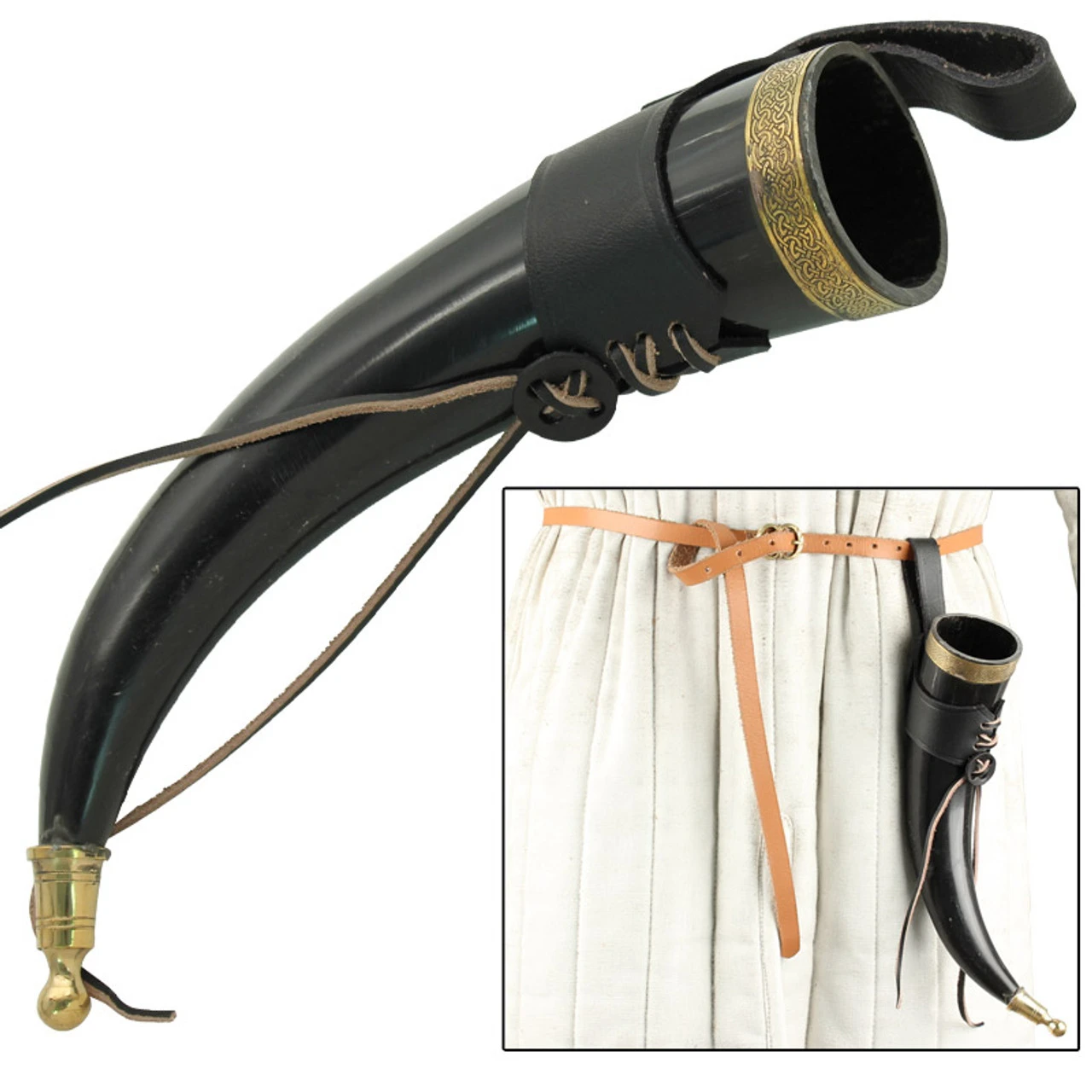 Brass Adorned Medieval Drinking Horn With Black Leather Holder 4 Brass Adorned Medieval Drinking Horn With Black Leather Holder - Image 4