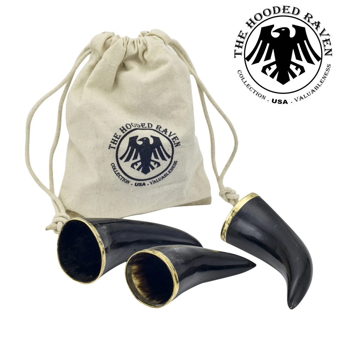 The Hooded Raven ™ 3-Piece Drinking Horn Shot Set Canvas Bag Carrier Included 1 The Hooded Raven ™ 3-Piece Drinking Horn Shot Set Canvas Bag Carrier Included