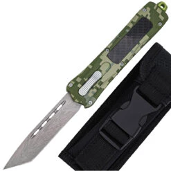 Tactical Silhouette Automatic Damascus Tanto OTF Block Camo Handle Knife W/ Textured Center Switch