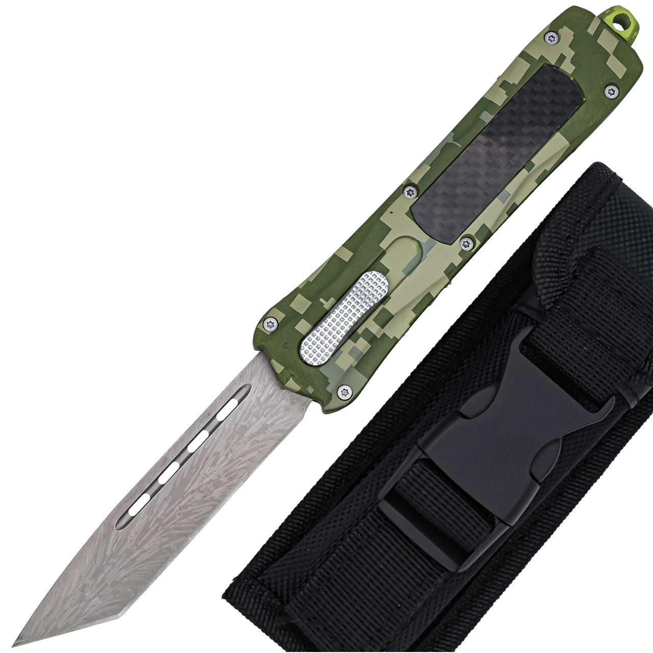 Tactical Silhouette Automatic Damascus Tanto OTF Block Camo Handle Knife W/ Textured Center Switch 1 Tactical Silhouette Automatic Damascus Tanto OTF Block Camo Handle Knife W/ Textured Center Switch