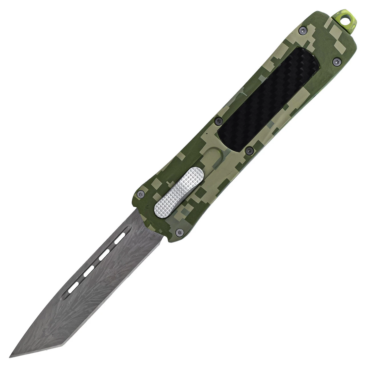 Tactical Silhouette Automatic Damascus Tanto OTF Block Camo Handle Knife W/ Textured Center Switch 4 Tactical Silhouette Automatic Damascus Tanto OTF Block Camo Handle Knife W/ Textured Center Switch - Image 4