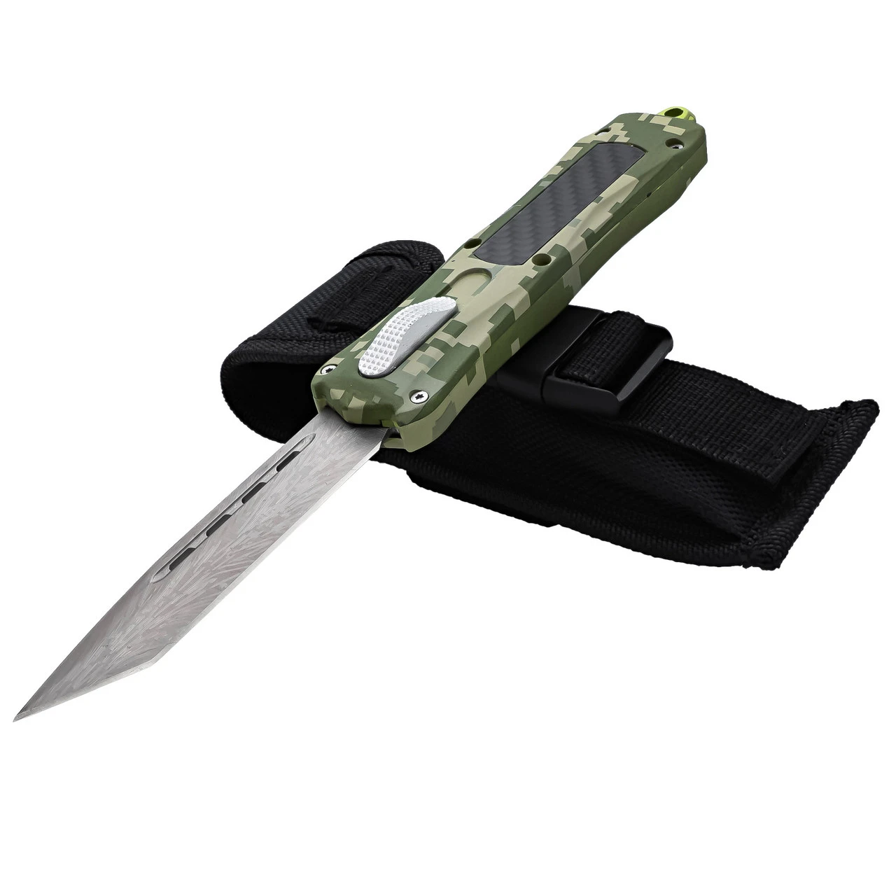 Tactical Silhouette Automatic Damascus Tanto OTF Block Camo Handle Knife W/ Textured Center Switch 5 Tactical Silhouette Automatic Damascus Tanto OTF Block Camo Handle Knife W/ Textured Center Switch - Image 5