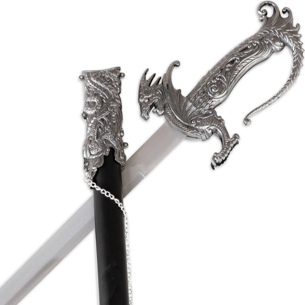 Ash-stained Wasteland Dragon Serpent Chinese Sword | Antiqued Silver Wyvern Ceremonial 37” Royal Dynasty Saber 3 Ash-stained Wasteland Dragon Serpent Chinese Sword | Antiqued Silver Wyvern Ceremonial 37” Royal Dynasty Saber - Image 3