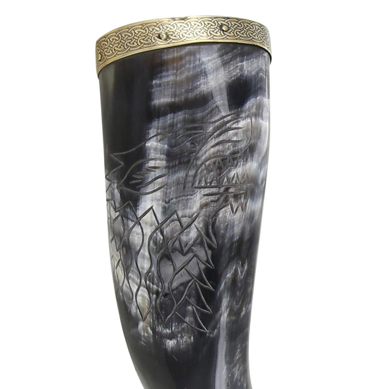 Hand Carved Fenrir Viking Warrior Drinking Horn 2 Hand Carved Fenrir Viking Warrior Drinking Horn - Image 2