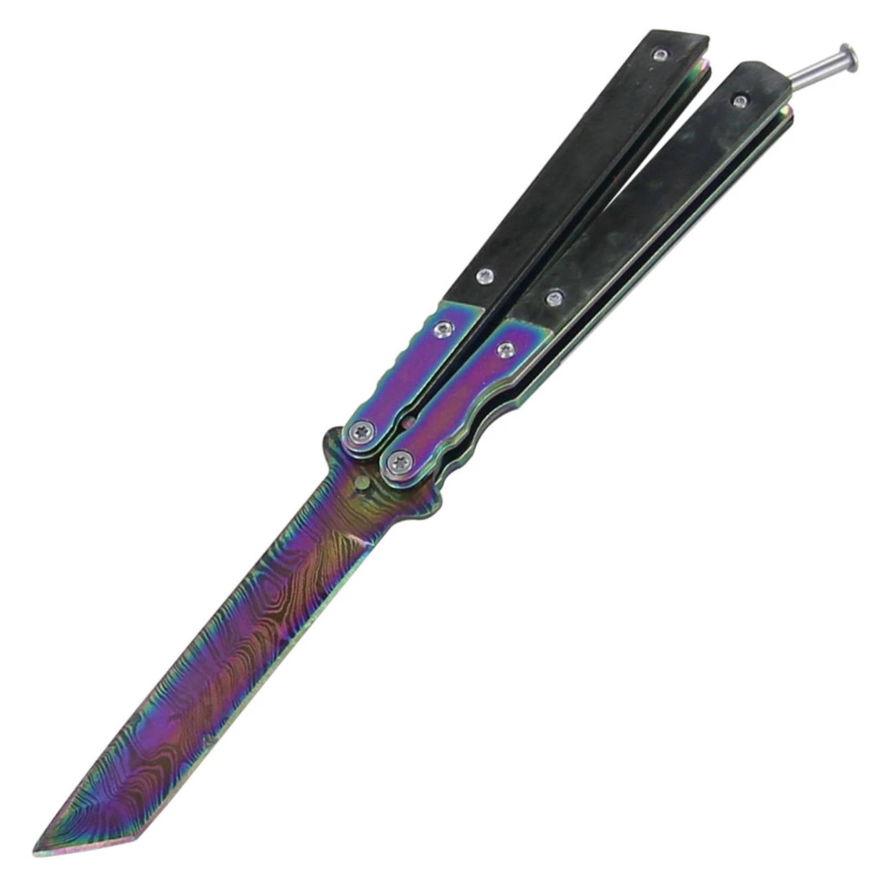 Eye Of The Tiger Rainbow Damascus Steel Butterfly Knife 3 Eye Of The Tiger Rainbow Damascus Steel Butterfly Knife - Image 3
