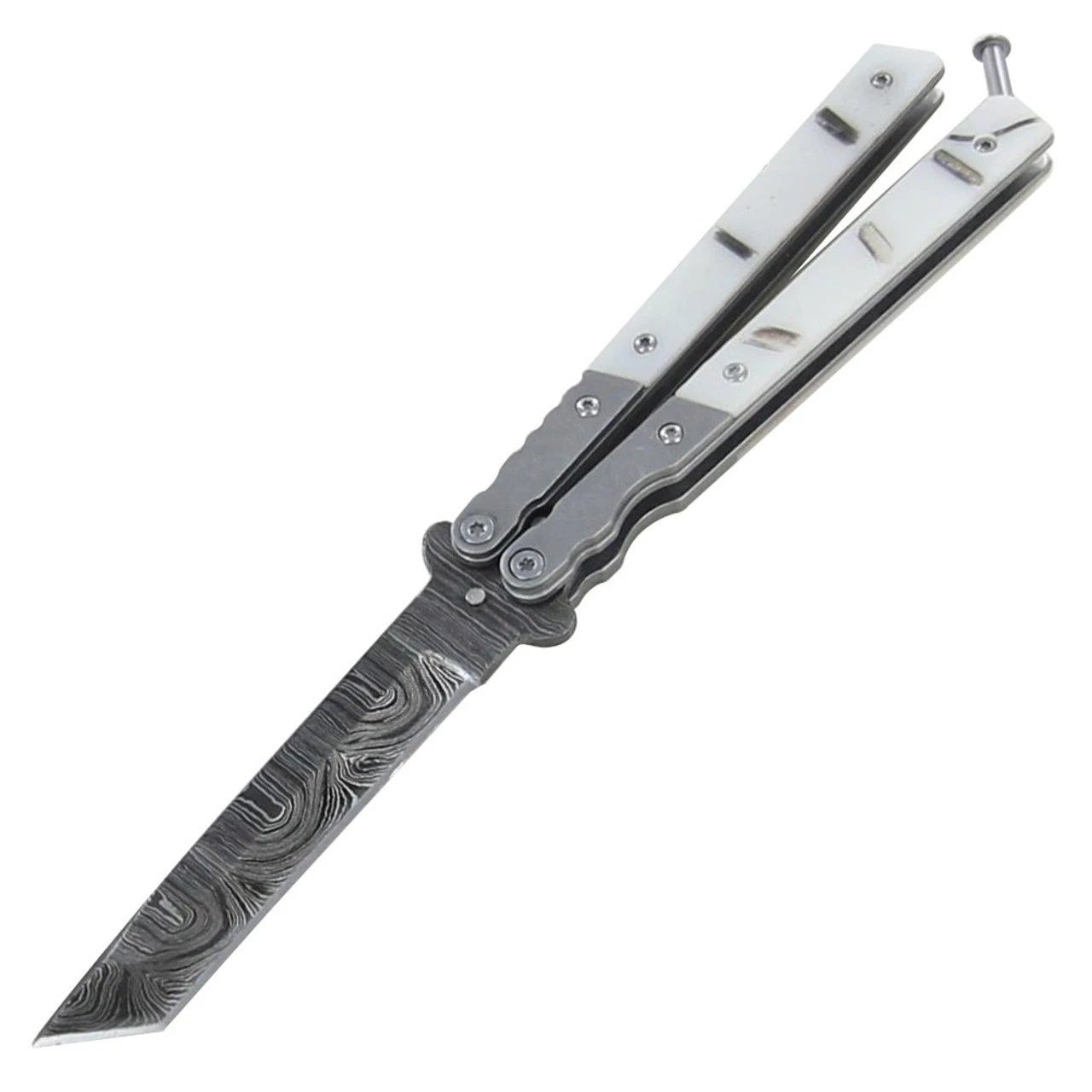 White Widow Maker Damascus Steel Butterfly Knife 1 White Widow Maker Damascus Steel Butterfly Knife